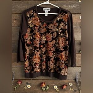 Cathy Daniels Brown Vibrant Velvet Floral Patterned Chic Sweater Size Medium